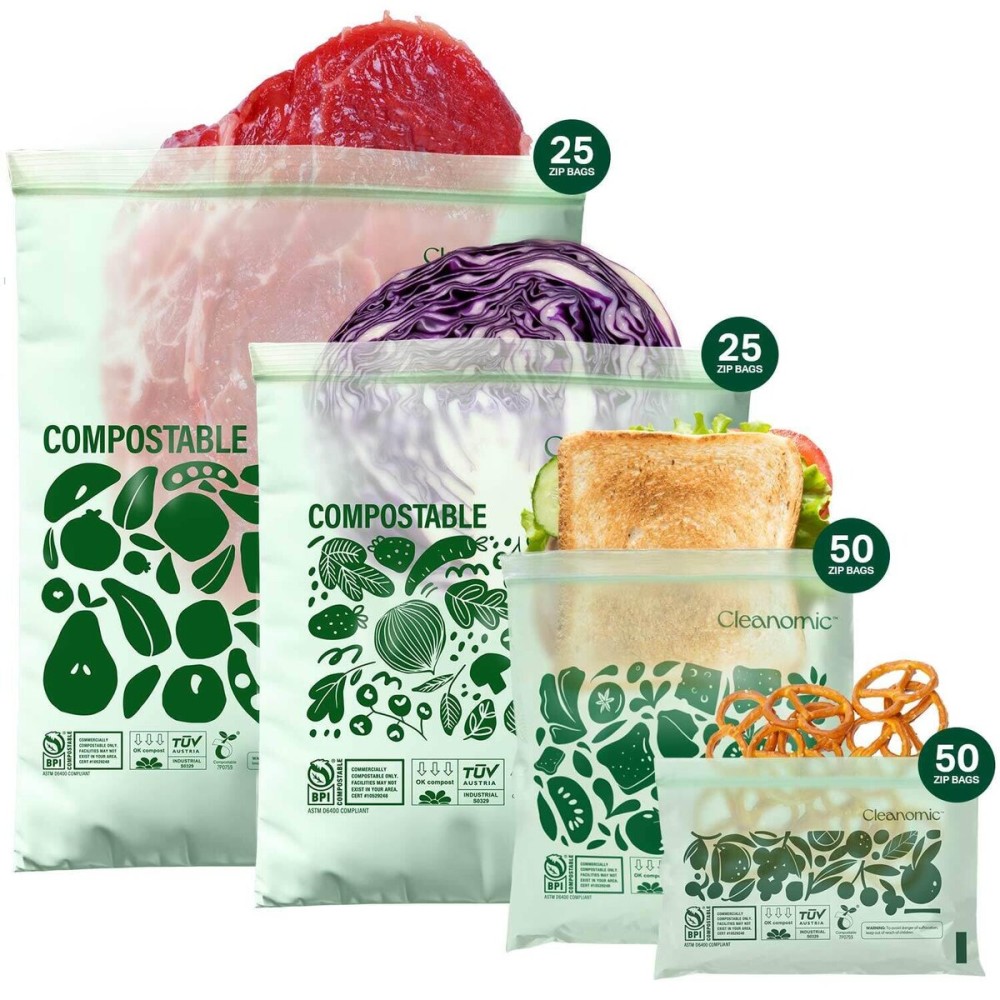 CLEANOMIC Compostable* Food Storage Bag Bundle - Gallon, Quart, Sandwich and Snack Sizes