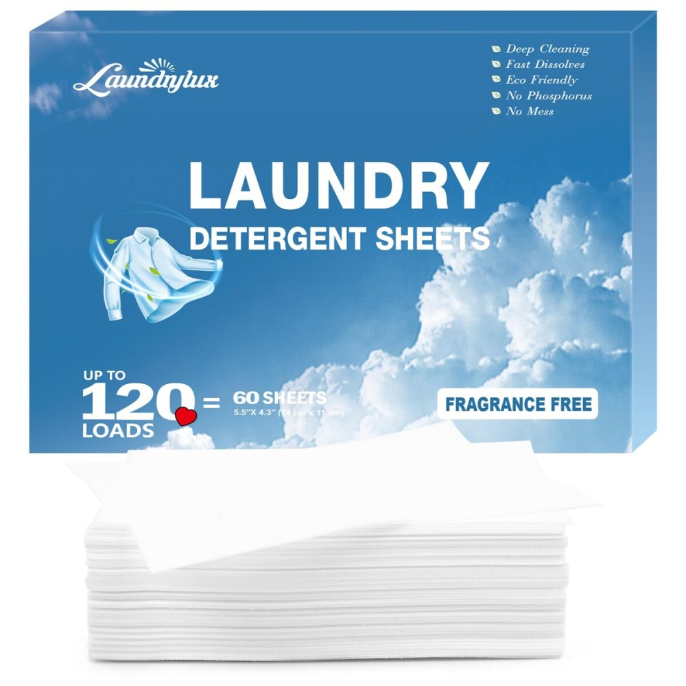 Laundry Detergent Sheet, Eco-Friendly & Hypoallergenic Wash Strips, Natural Ingredients, Ultra-Concentrated, Travel-Ready, No Plastic Jug- Unscented, (120 Loads) 60 Sheets