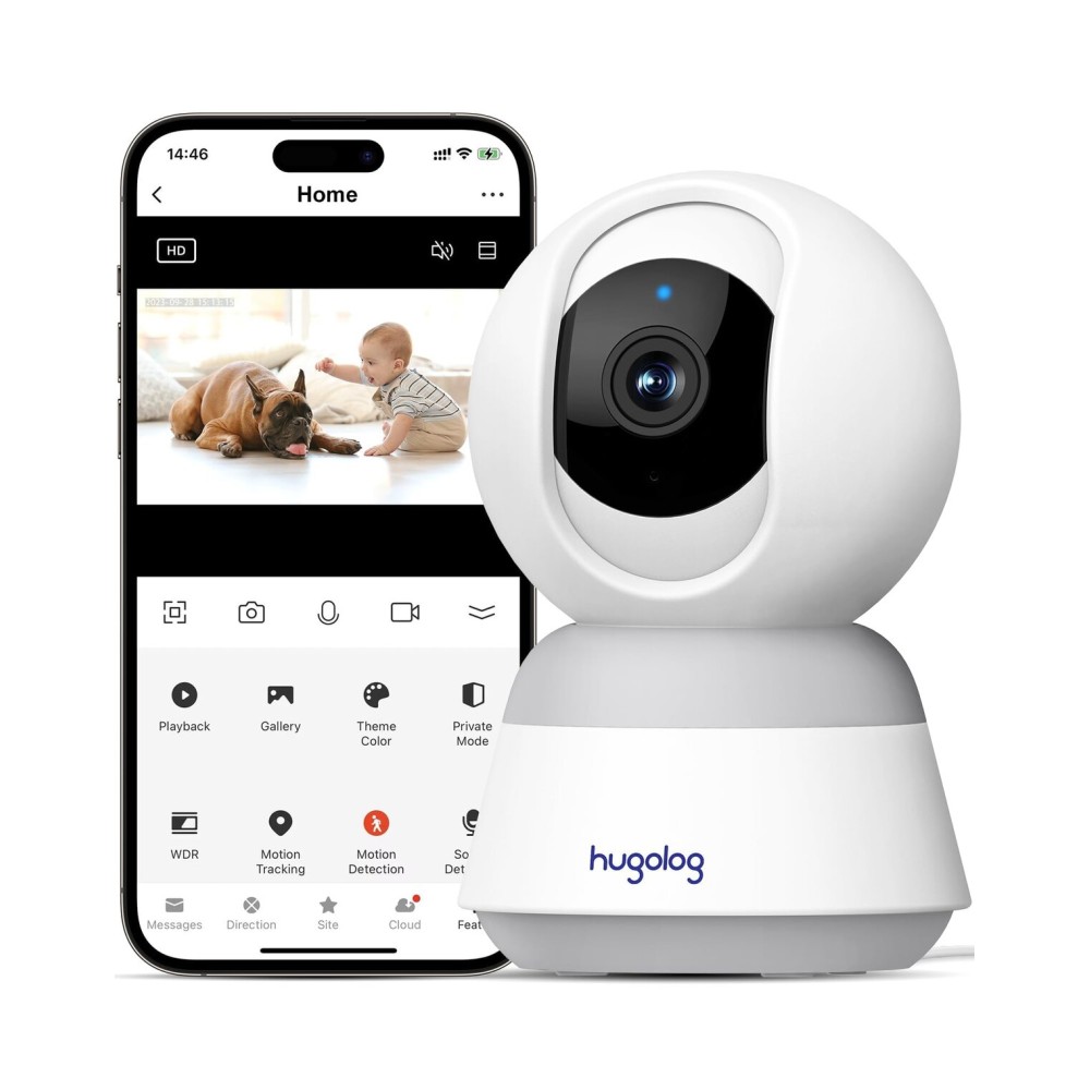 Hugolog 3K 5MP Indoor Pan/Tilt Security Camera with Auto-Focus,Ideal for Baby Monitor/Pet Camera/Home Security,Starlight Color Night Vision,Human/Pet AI,Noise Reduction,US Cloud,Works with Alexa