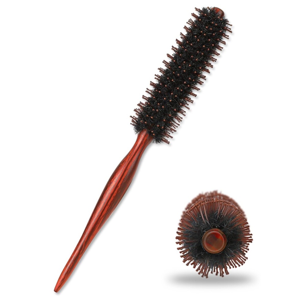 Mozeat Lens Hair Brush, Small Round Boar Bristle Styling Brush with Nylon Pins and Wooden Handle, Volumizing Hair Brush for Straightening Curling Detangling, Travel Size