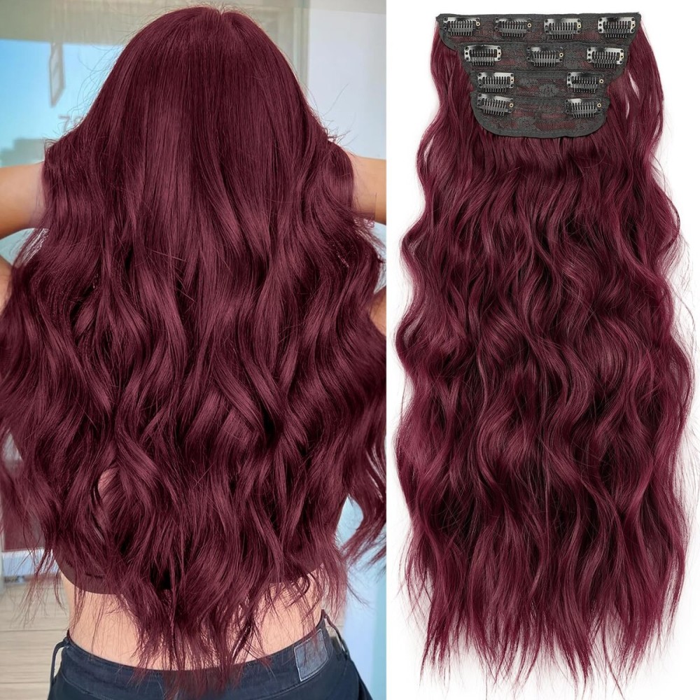 KooKaStyle Hair Extensions Burgundy Clip in Synthetic Highlight Hair Extensions Long Wavy 4PCS Thick Hairpieces 20 Inch for Women