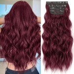KooKaStyle Hair Extensions Burgundy Clip in Synthetic Highlight Hair Extensions Long Wavy 4PCS Thick Hairpieces 20 Inch for Women