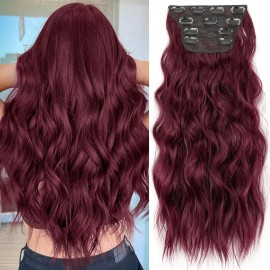 KooKaStyle Hair Extensions Burgundy Clip in Synthetic Highlight Hair Extensions Long Wavy 4PCS Thick Hairpieces 20 Inch for Women