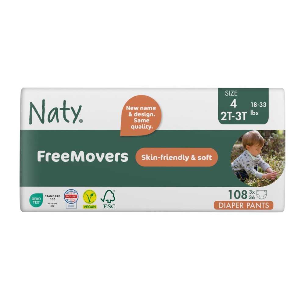 Naty FreeMovers Diaper Pants | Sensitive Skin Certified Potty Training Pants | Soft, Unscented | Absorbent & Leak-Proof | Unisex Baby & Toddler | Size 4, 2T-3T (18-33 lbs), 108 Count