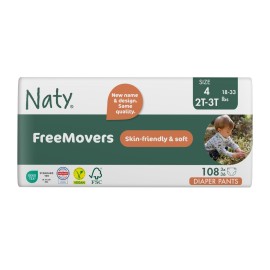 Naty FreeMovers Diaper Pants | Sensitive Skin Certified Potty Training Pants | Soft, Unscented | Absorbent & Leak-Proof | Unisex Baby & Toddler | Size 4, 2T-3T (18-33 lbs), 108 Count