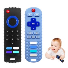 ERSIHUA 2-Pack Silicone Baby Teething Toys, TV Remote Teethers for 6-12-18 Months Infant, Fire Stick Remote Control Shape Baby Silicone Teethers, Chew Toys for Boys and Girls (New-F Black+R Blue)