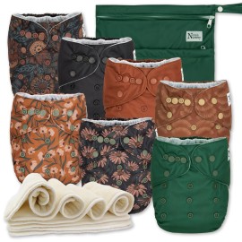 Nora\'s Nursery Cloth Diapers 7 Pack with 7 Inserts & 1 Wet Bag - Waterproof Cover, Washable, Reusable & One Size Adjustable Pocket Diapers for Newborns and Toddlers - Dahlia
