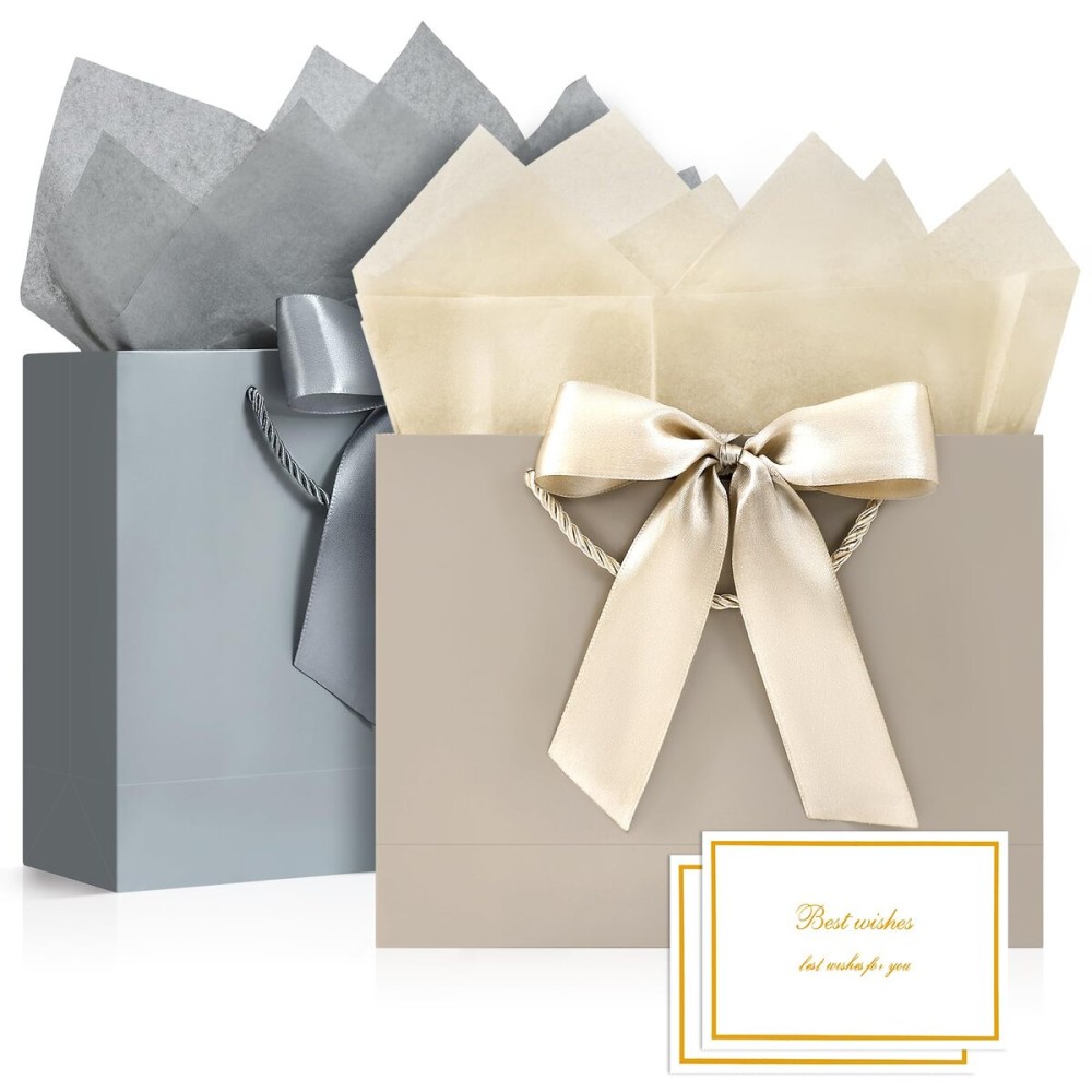 JMANNI Gift Bags, Medium Gift Bags for Presents with Bow Ribbon, Party Bags with Handles 4 Tissue Papers and 2 Cards for Weddings, Birthday, Party, Celebration, Christmas(Brown-Silver 2Pcs)