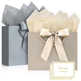JMANNI Gift Bags, Medium Gift Bags for Presents with Bow Ribbon, Party Bags with Handles 4 Tissue Papers and 2 Cards for Weddings, Birthday, Party, Celebration, Christmas(Brown-Silver 2Pcs)