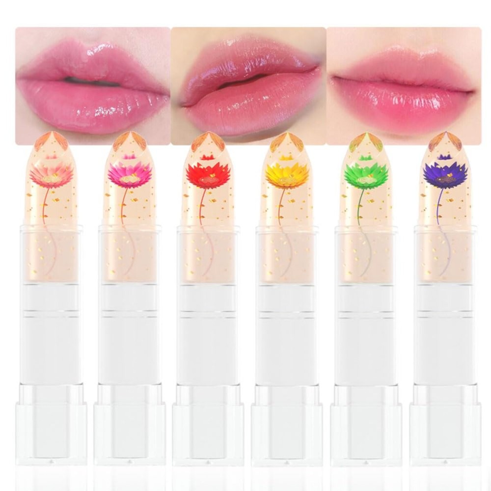 BINGBRUSH 6 Pcs Crystal Flower Jelly Color Changing Lipstick,Long Lasting Lip Care Moisturizer Lip Balm Magic Color Change Lip Gloss Lip Tint Stain Matte Makeup Lipstick (6 Pcs 01-06)