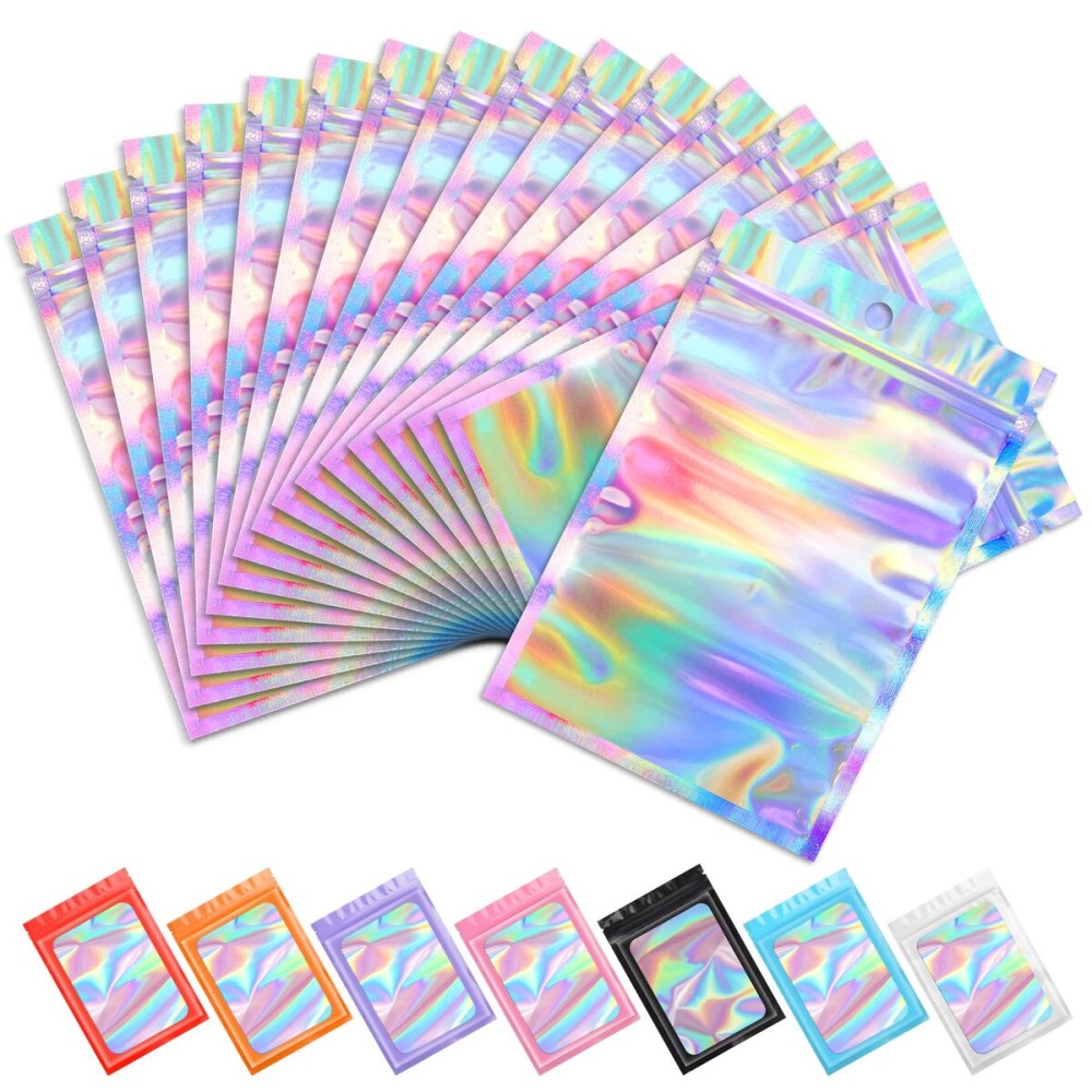 Funfery 100 pc Mylar Holographic Bags Packaging Bags,2.4x3.9in Clear Resealable Smell Proof Bag Foil Pouch Bag for Party Favor,Food Storage Baggies Packaging for Small Business