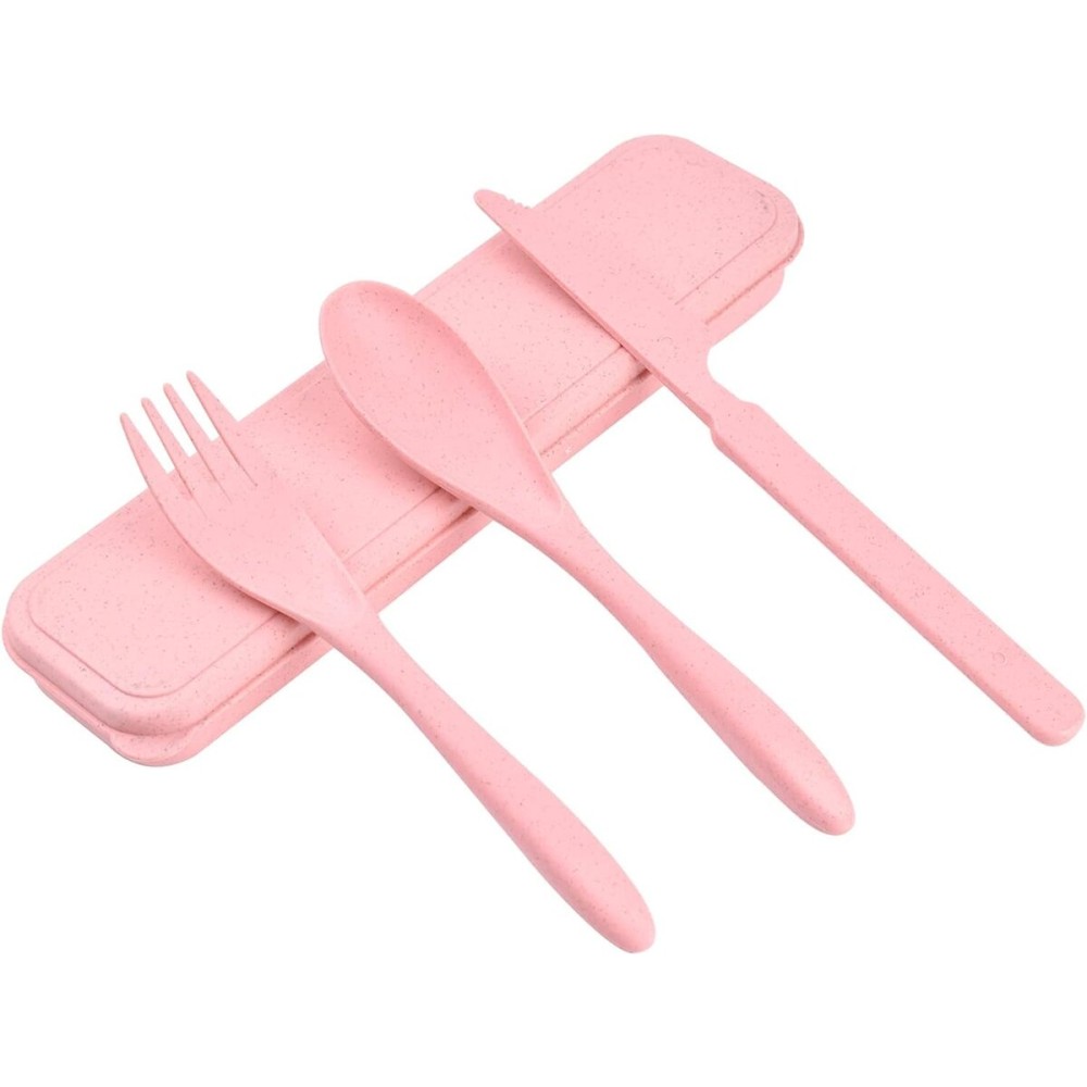 1 PCS Reusable Utensils Set with Case, Camping Utensils Plastic Spoons and Forks Sets for Lunch Box Accessories, Portable Cutlery Set for Kids Adults Travel Picnic Office Lunch Daily Use(Pink)