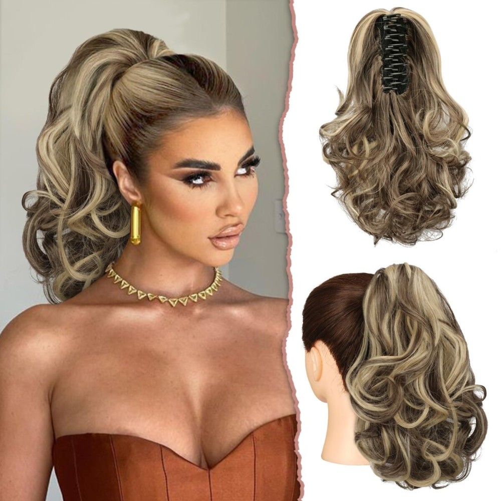 SOFEIYAN Ponytail Extension 11 inch Claw Clip Ponytail Hair Extensions Long Curly Wavy Ponytail Fluffy Clip on Pony Tails Synthetic Hairpiece for WomenAsh Brown Highlighted Bleach Blonde