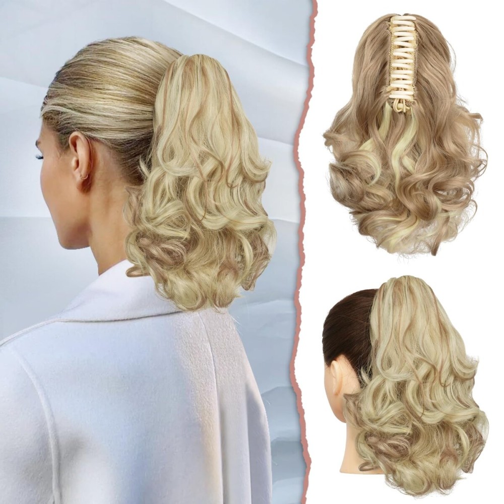 SOFEIYAN Ponytail Extension 11 inch Claw Clip Ponytail Hair Extensions Long Curly Wavy Ponytail Fluffy Clip on Pony Tails Synthetic Hairpiece for WomenLight Ash Brown & Bleach Blonde