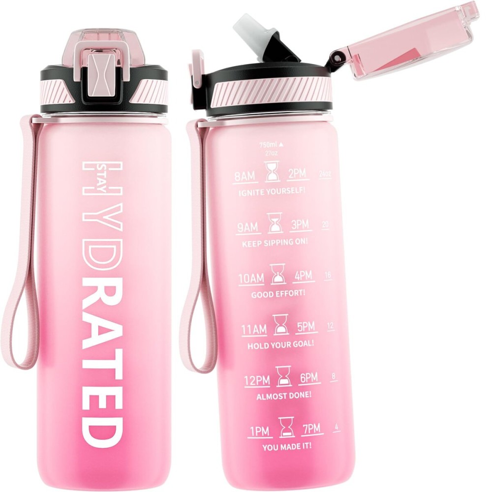 QLUR Water Bottle with Straw, 27oz Motivational Water Bottles with Time Marker to Drink, Tritan BPA Free, 750ml Sports Water Bottle with Carry Strap LeakProof for School Fitness Outdoor (1Pack)