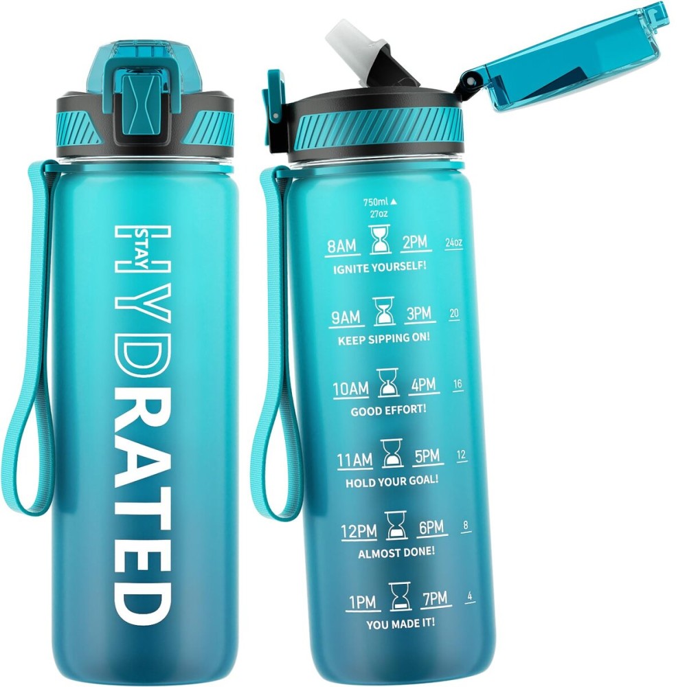 QLUR Water Bottle with Straw, 27oz Motivational Water Bottles with Time Marker to Drink, Tritan BPA Free, 750ml Sports Water Bottle with Carry Strap LeakProof for School Fitness Outdoor (1Pack)