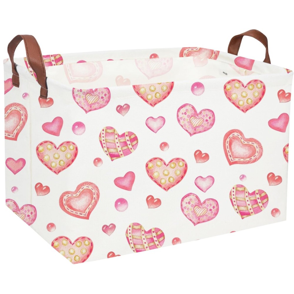 Essme Rectangular Pink Basket Gift Storage Box,Heart Storage Bins Organizer with Handles for Girls Room Decor, Valentine\'s Day Basket,Shelf Basket,Toy Organizer(Dreamy Heart)