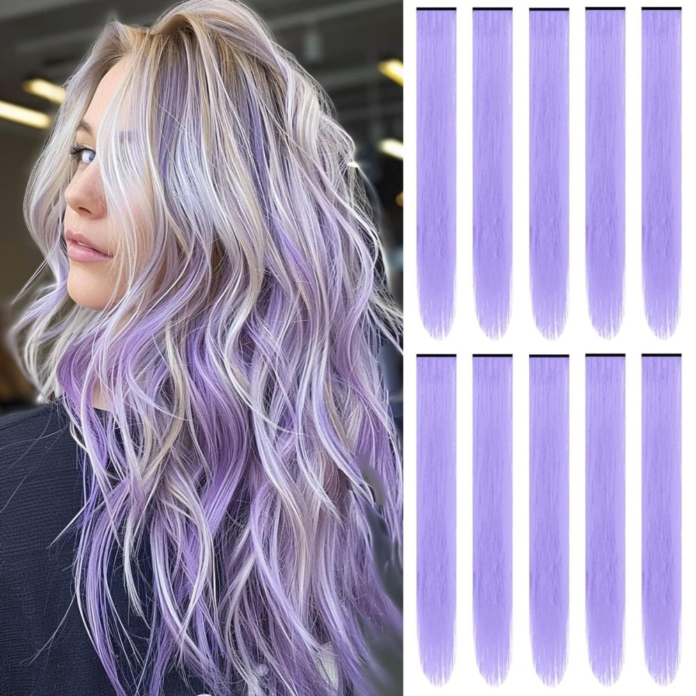 TOFAFA 22 inch Colored Hair Extensions, Colorful Party Highlights Clip in Long Straight Synthetic Hair Extensions, Color Party Highlights Hairpieces for Girls Women(10 PCS Light Purple)
