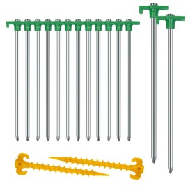 12+2PCS Tent Stakes Heavy Duty Camping Stakes,AVOFOREST 9.8inch Non-Rust Metal Tent Pegs Ground Stakes Tent Spikes Camping,Garden,Hiking Green