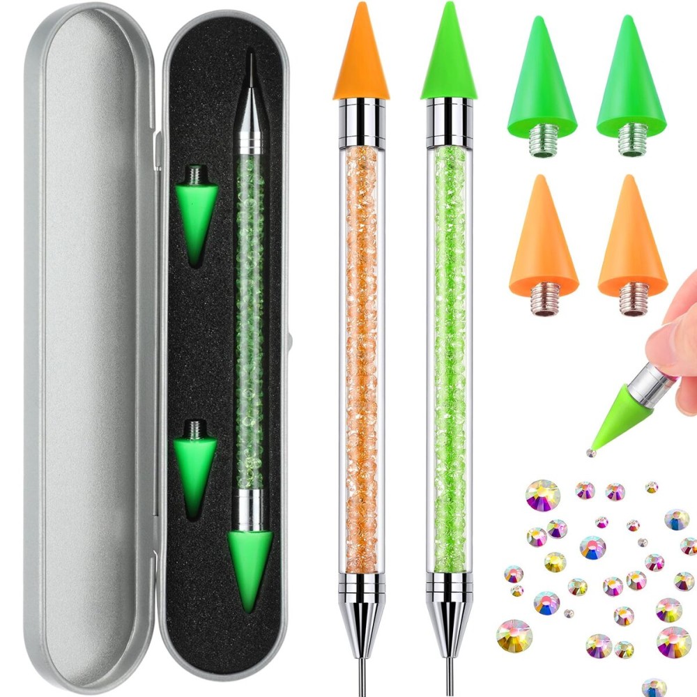 Tatuo 2 Pieces Rhinestone Picker Dotting Pen, Dual-ended Rhinestone Gems Crystals Studs Picker Wax Pencil Pen Crystal Beads Handle Manicure Nail Art DIY Decoration Tool (Green, Yellow)