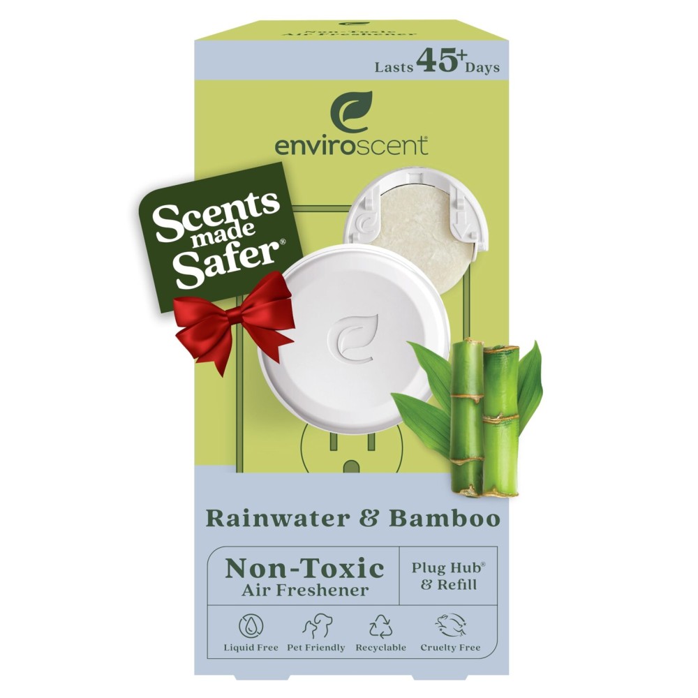 Enviroscent Non Toxic Air Freshener Plug-in Home Fragrance Last 45+ Days | Kit includes 1 Refillable Plug In Warmer & 1 Scent Refill (Rainwater & Bamboo)