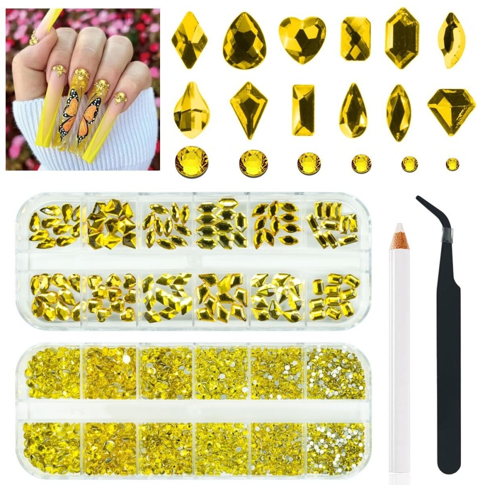 qiipii 2630Pcs Golden Yellow Nail Rhinestones 120 Multi Shapes Crystal Flatback Gems +2510 Round Beads Glass Stones Diamonds Jewels w Tweezer & Wax Pen for DIY Face Eye Mackup Clothes Shoes