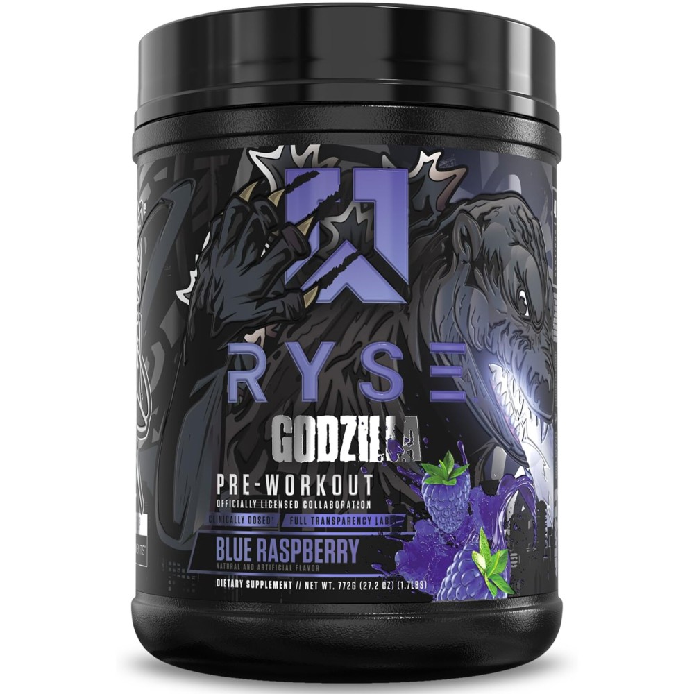RYSE Godzilla X Noel Deyzel Pre Workout Powder - Blue Raspberry - 400mg Caffeine, High Stim Pre-Workout for Men & Women with Citrulline & Beta Alanine - Energy, Pump & Focus - 20/40 Servings