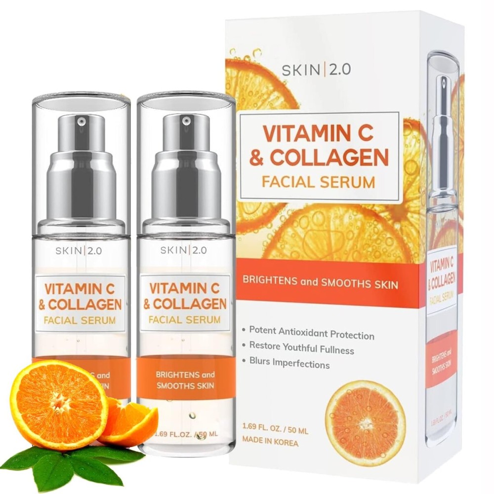 Skin 2.0 Vitamin C Serum with Collagen - Anti-Aging & Dark Spot Remover - Dermatologist Tested Korean Skincare for Brightening & Acne - Clean Beauty, Cruelty-Free, All Skin Types - 1.69oz (2-Pack)