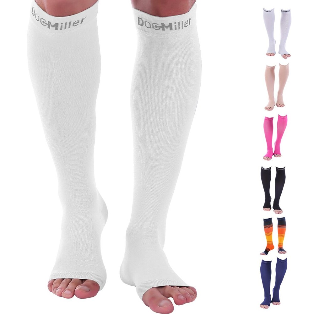 Doc Miller, Open Toe Compression Socks, 8-15 mmHg, Toeless, Support Circulation, Shin Splints, Calf Recovery, Varicose Veins, Knee High, Medical Grade, White Socks, Medium Size for Men & Women, Pair