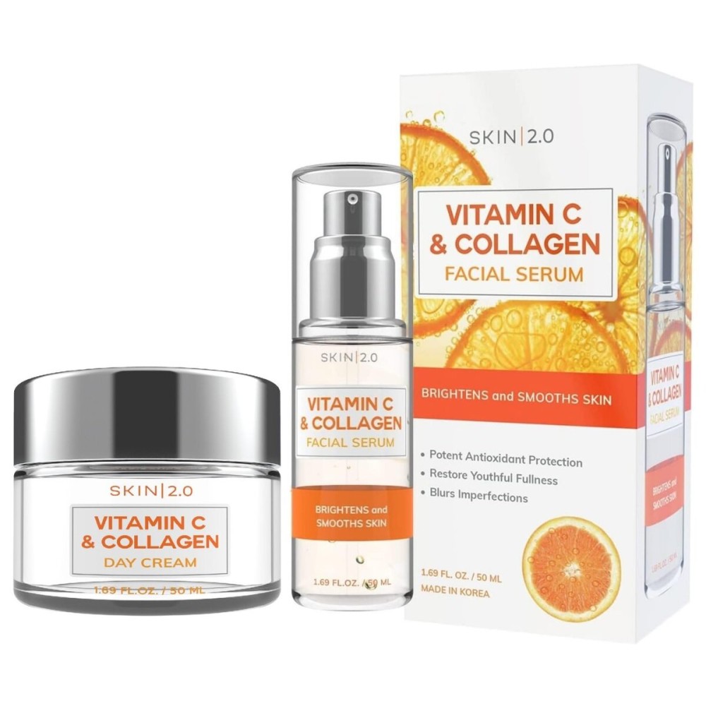 Skin 2.0 Vitamin C & Collagen Serum & Day Cream Set - Anti-Aging, Dark Spot Remover & Brightening - Dermatologist Tested Korean Skincare - Clean Beauty, Cruelty-Free, All Skin Types - 1.69 Fl. oz
