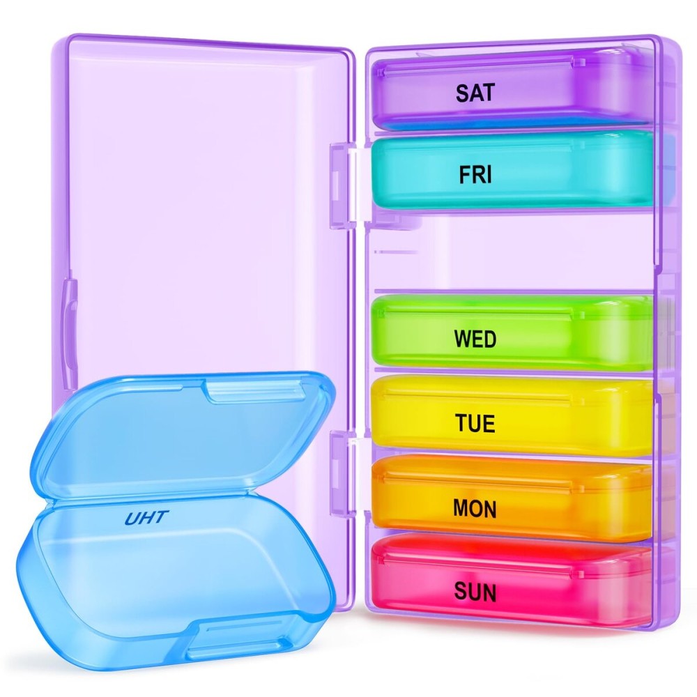 ZIKEE 7 Packs Extra Large Pill Organizer, Portable Pill Box 7 Day for Pocket, Purse, Weekly Pill Case with Dual-Protection Design, Pill Container for Medication, Vitamin, Fish Oil, Supplement, Purple