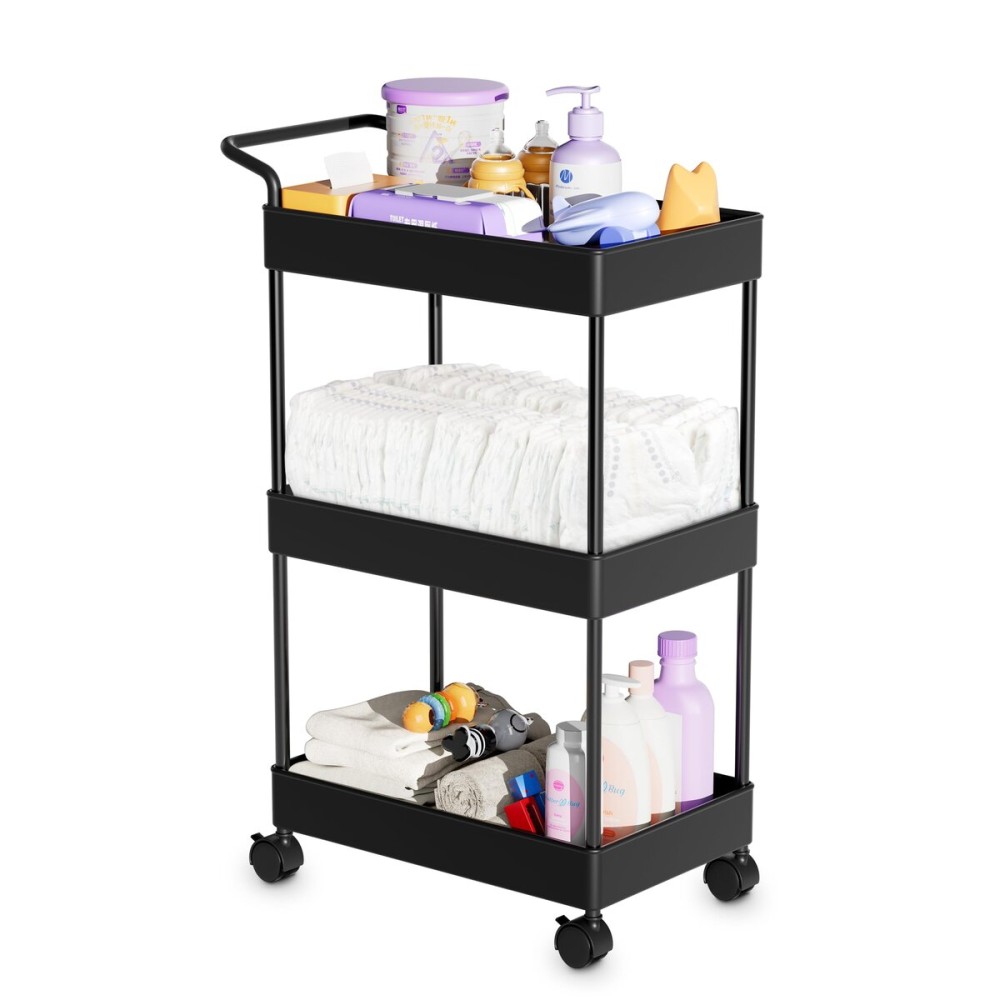 Volnamal Baby Diaper Caddy - Plastic Diaper Organizer for Nursery Essentials, Movable Cart for Changing Table & Crib, Easy to Assemble, Black