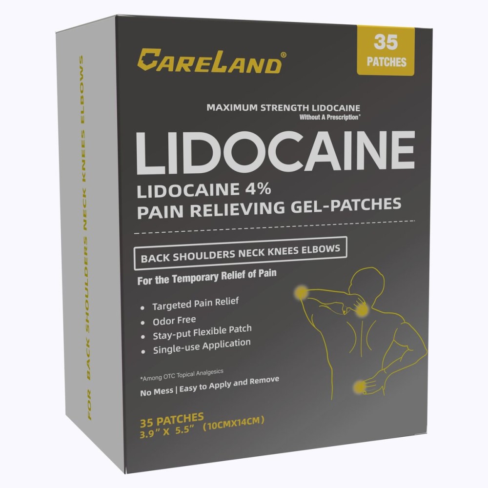 CARELAND 4% Lidocaine Gel Patch, 35 Count Maximum Strength Pain Patches for Muscle Relief in Neck Knee Back and Shoulders Unscented Numbing Patch for Soothing Nerves, Joints