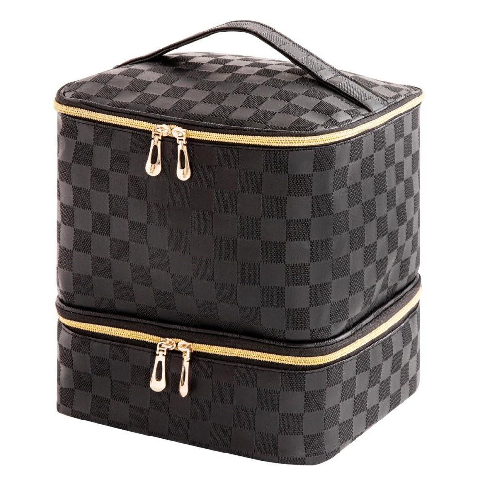 KGMCARE Portable Nail Polish Organizer Bag with UV Light Case - Holds 30 Bottles and 1 UV Nail Lamp, Double-Layers Nail Dryer Case for Gel Nail Polish Kit, Nail Art DecorationsCheckered Black