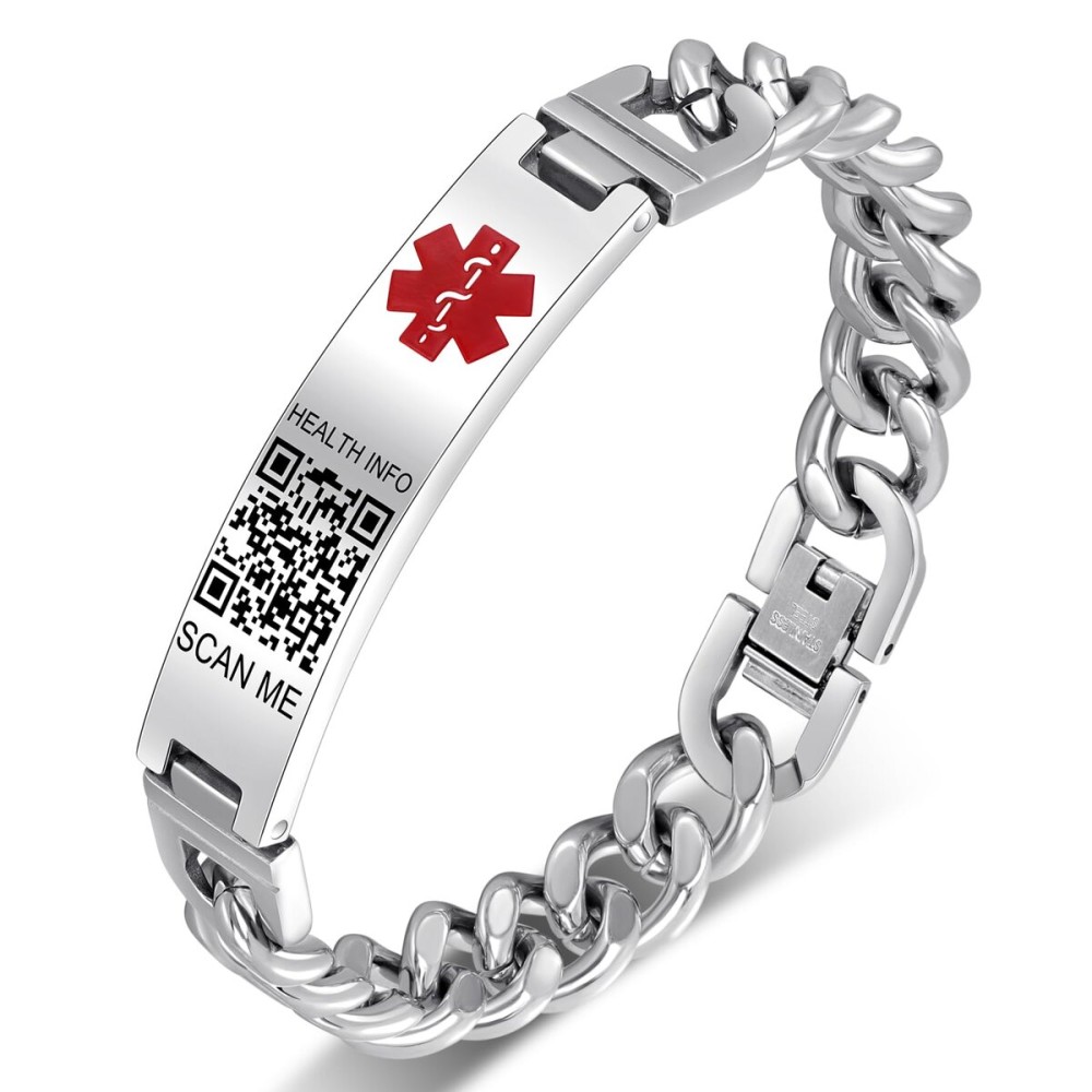 Theluckytag Medical Bracelets with QR Code for Women Medical Alert Id Bracelet - Sterling Silver Chain 7\'\'-9\'\' - More Space Custom Emergency Medical ID Info (8.46\'\' Plus Silver-Single Link-front)