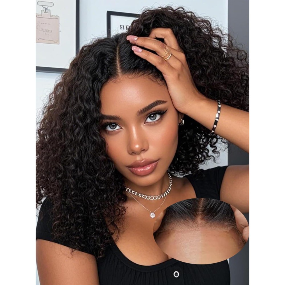 16 Inch Wear and Go Glueless Curly Bob Wig Human Hair Pre Plucked,Deep Wave No Glue wigs,Pre cut Transparent Lace Front Wigs Human Hair Natural Hairline for Women 200% Density Natural black