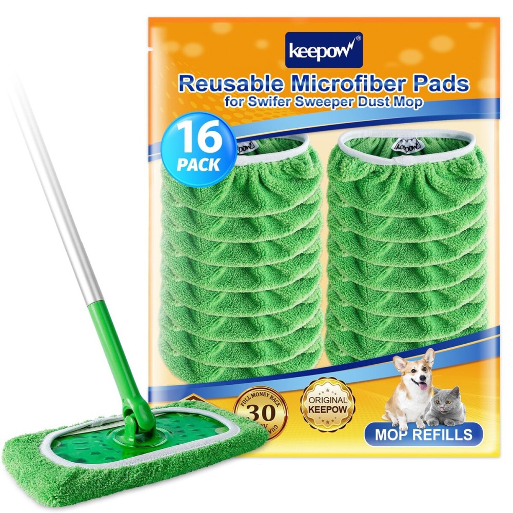 KEEPOW Reusable Wet Pads Compatible with Swiffer Sweeper Mop, Dry Sweeping Cloths, Washable Microfiber Wet Mopping Cloth Refills for Surface/Hardwood Floor Cleaning, 16 Pack (Mop is Not Included)