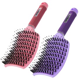 TaiBest Boar Bristle Hair Brush Set - Dry/Wet Hair Brush Detangler for Fine, Thick, Curly Hair - Curved and Vented Hair Brush for Women, Men or Kids (Purple & Apricot Pink)