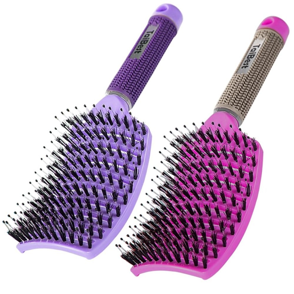 TaiBest Boar Bristle Hair Brush Set - Dry/Wet Hair Brush Detangler for Fine, Thick, Curly Hair - Curved and Vented Brush for Women, Men or Kids (Purple & Rose Red)