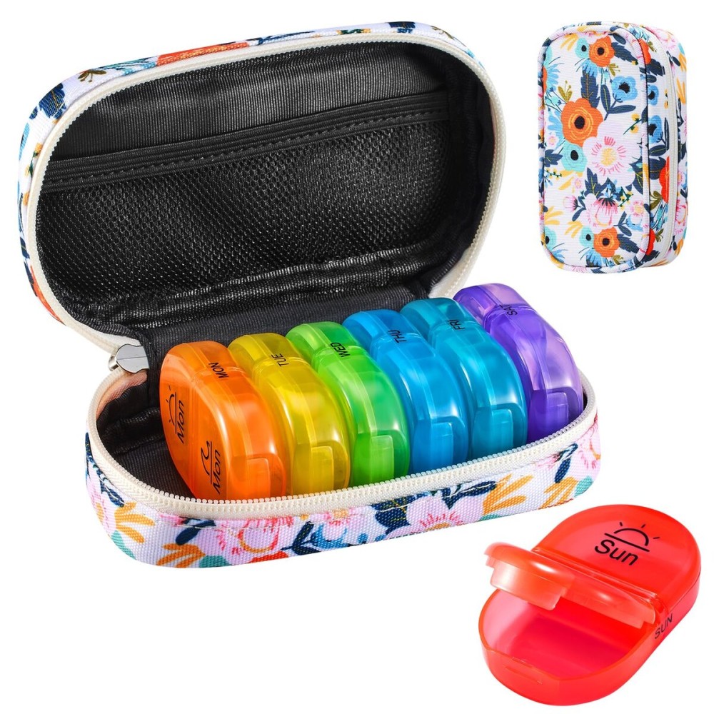 Serfeymi Weekly Travel Pill Organizer 2 Times A Day AM PM Upgraded Rainbow Pill Box 7 Day with Portable Zipper Canvas Pill Case, Medicine Organizer for Pills, Vitamins, Fish Oils - Bloom 01