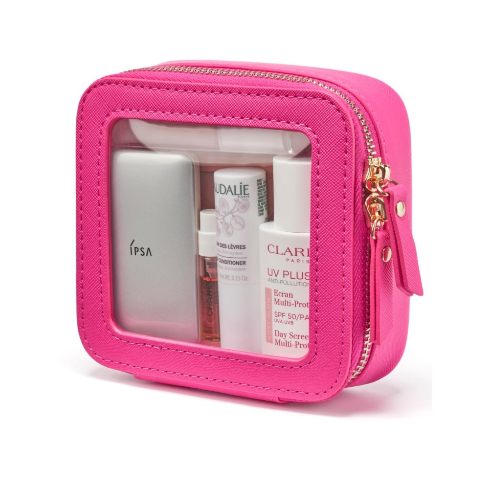 Popvibe Mini Makeup Bag Clear Small Travel Cosmetic Case Leather Cute Hot Pink Pouch for Purse Organizer Make Up Bag for Women Car Toiletry Bag with Zipper for School