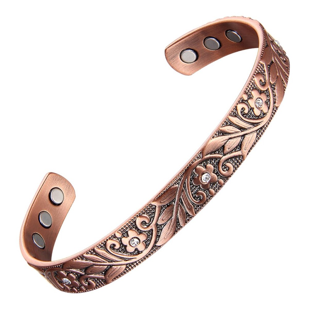 MagEnergy Copper Bracelets for Women, 99.9% Pure Copper Vintage Flower Magnetic Bangle with 3500 Gauss Magnets,6.8 Adjustable Cuff Jewelry Gift