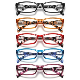kunchu 5 Pack Reading Glasses for Women Men - Blue Light Blocking Spring Hinge Computer Readers Anti Glare UV Eyeglasses (Black Floral, 0.5, x)