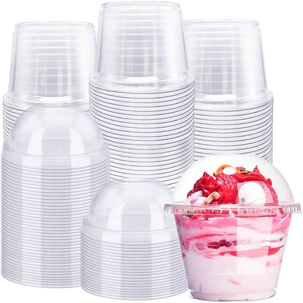 Alaeseje 100 Pack 8oz Plastic Cups with Dome Lids(Hole in the Lid),PET Crystal Clear Cups,Disposable Dessert Cups for Ice Cream,Fruit,Parfait,Pudding,Yogurt,Jelly