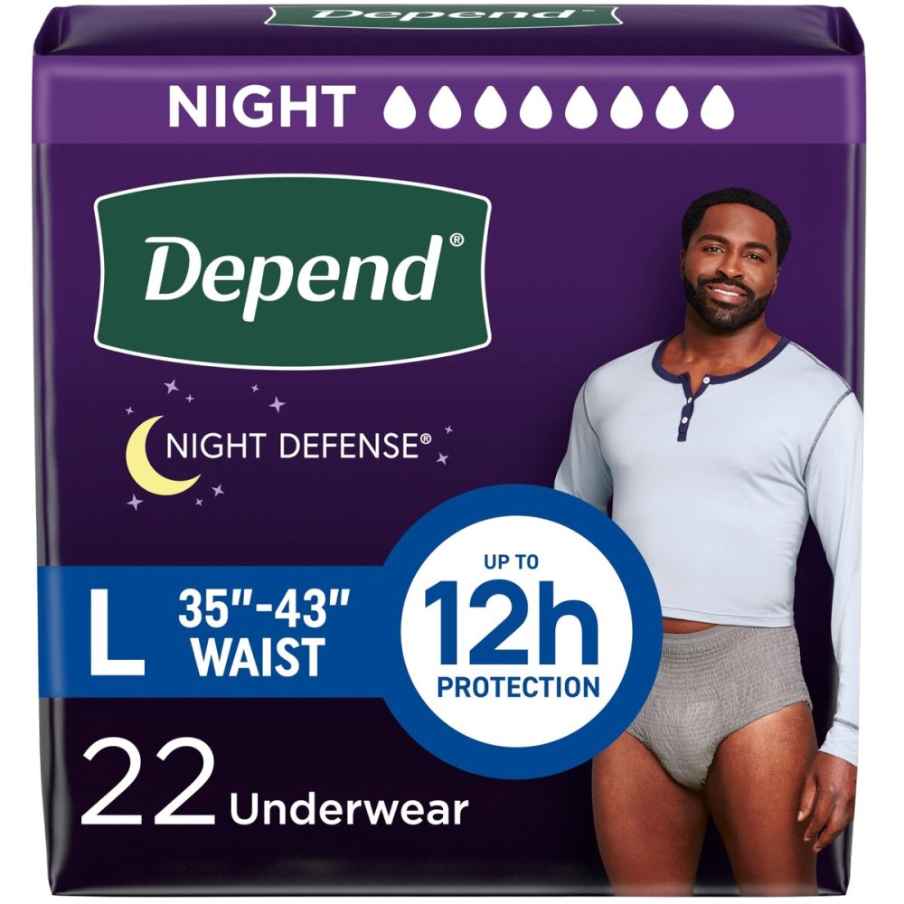 Depend Night Defense Adult Diapers, Incontinence Underwear for Men, Disposable, Overnight, Large, Grey, 22 Count, Packaging May Vary