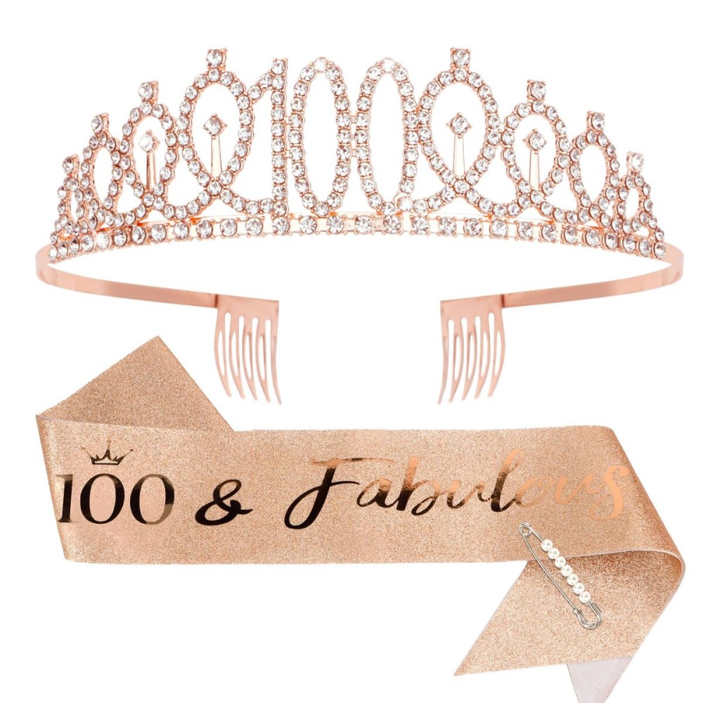 CIEHER 100th Birthday Crown + 100 & Fabulous Birthday Sash + Pearl Pin Set, 100th Birthday Gifts for Women Friends 100th Birthday Decorations Women Happy 100th Birthday Party Supplies