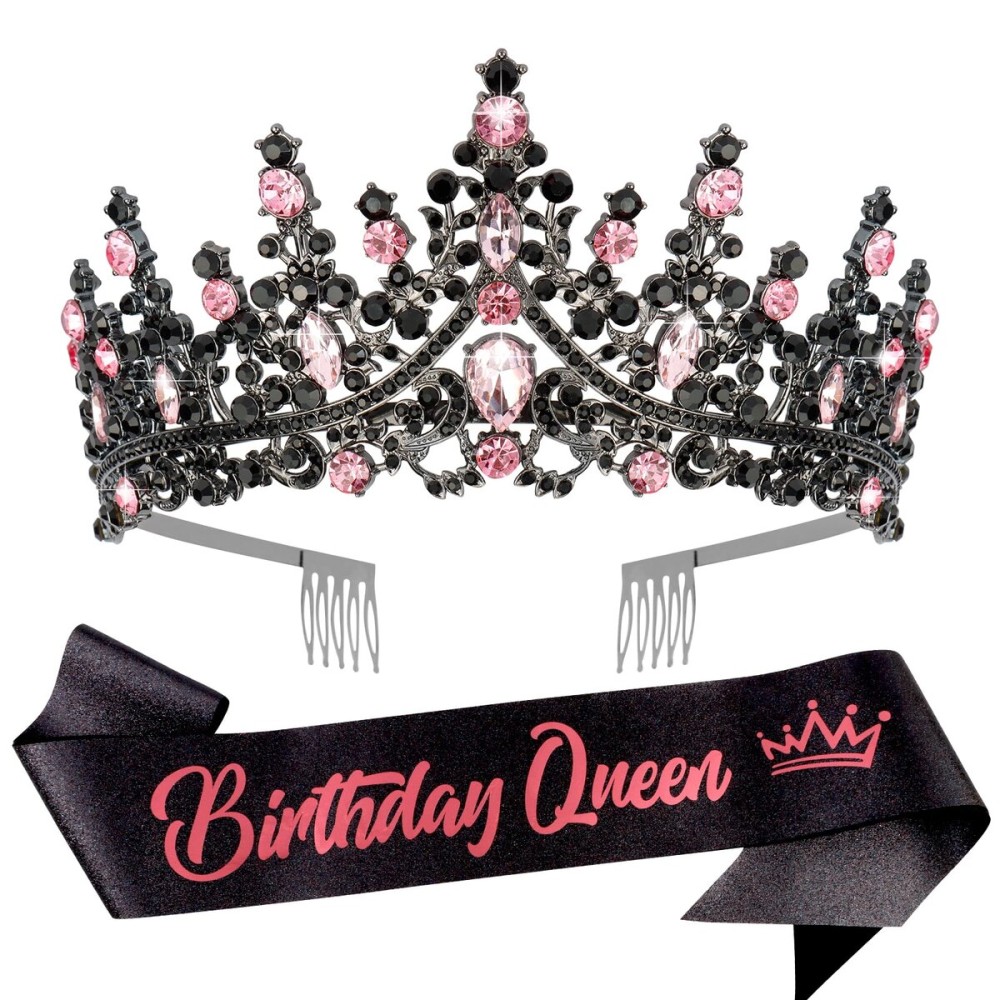 VELSCRUN Pink-Black Crystal Tiara Crown for Women Girls with Birthday Sash Elegant Princess Crown and Combs Hair Accessories Happy Birthday Party Decorations