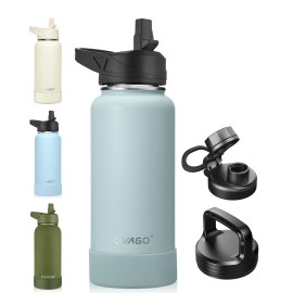 CIVAGO 32 oz Insulated Water Bottle With Straw, Stainless Steel Sports Water Cup Flask with 3 Lids (Straw, Spout and Handle Lid), Wide Mouth Travel Thermal Mug, Sage