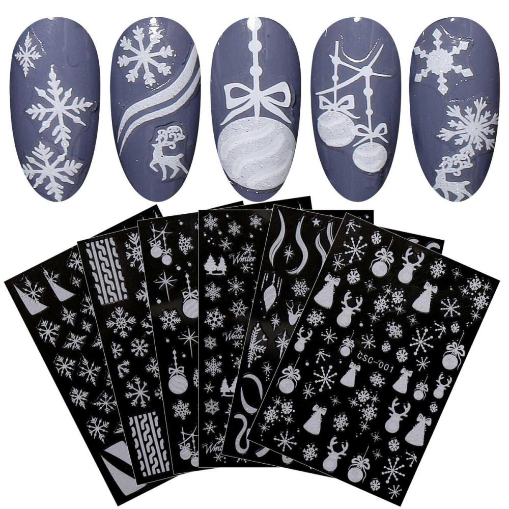 JMEOWIO 8 Sheets Christmas Glitter Nail Art Stickers Decals Self-Adhesive Cute Snowflake Winter Holiday White Nail Supplies Nail Art Design Decoration Accessories