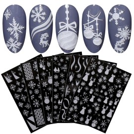 JMEOWIO 8 Sheets Christmas Glitter Nail Art Stickers Decals Self-Adhesive Cute Snowflake Winter Holiday White Nail Supplies Nail Art Design Decoration Accessories